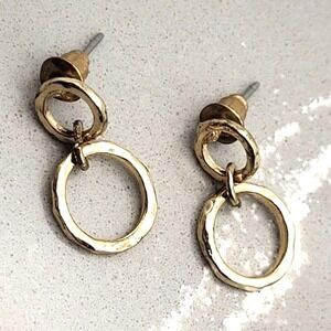 Dainty Hammered Gold Tone Double Circle Post Earrings Minimalist